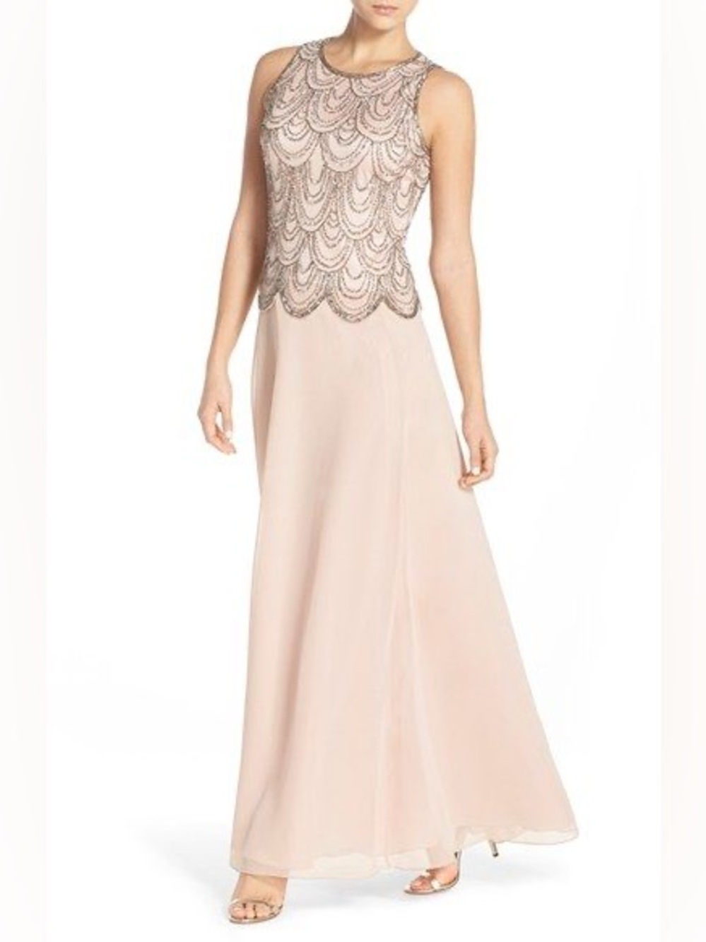 J Kara Women’s Scallop Hem Floral Beaded Sleeveless Long Dress